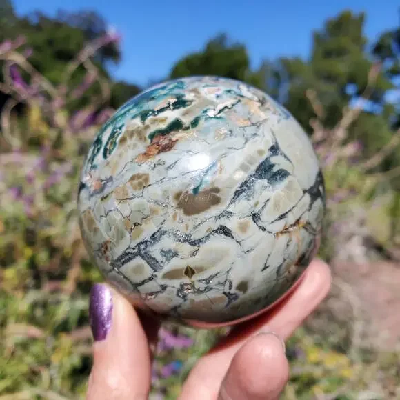 Ocean Ibis Jasper Brecciated Sphere Green Shades 490 grams 70mm